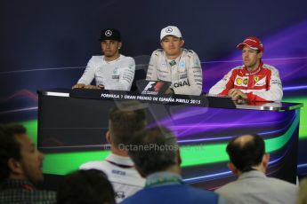 World © Octane Photographic Ltd. Mercedes AMG Petronas F1 W06 Hybrid – Nico Rosberg (1st), Lewis Hamilton (2nd) and Scuderia Ferrari SF15-T– Sebastian Vettel (3rd). Sunday 10th May 2015, F1 Spanish GP Formula 1 Post-Race press conference, Circuit de Barcelona-Catalunya, Spain. Digital Ref: 1267CB7D0936