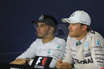 World © Octane Photographic Ltd. Mercedes AMG Petronas F1 W06 Hybrid – Nico Rosberg (1st), Lewis Hamilton (2nd). Sunday 10th May 2015, F1 Spanish GP Formula 1 Post-Race press conference, Circuit de Barcelona-Catalunya, Spain. Digital Ref: 1267CB7D0945