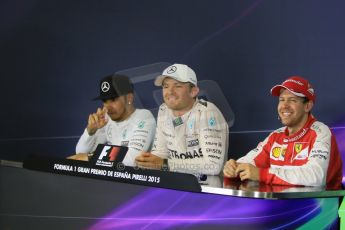 World © Octane Photographic Ltd. Mercedes AMG Petronas F1 W06 Hybrid – Nico Rosberg (1st), Lewis Hamilton (2nd) and Scuderia Ferrari SF15-T– Sebastian Vettel (3rd). Sunday 10th May 2015, F1 Spanish GP Formula 1 Post-Race press conference, Circuit de Barcelona-Catalunya, Spain. Digital Ref: 1267CB7D0978