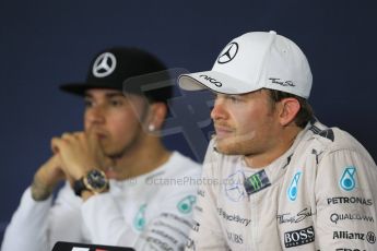 World © Octane Photographic Ltd. Mercedes AMG Petronas F1 W06 Hybrid – Nico Rosberg (1st), Lewis Hamilton (2nd). Sunday 10th May 2015, F1 Spanish GP Formula 1 Post-Race press conference, Circuit de Barcelona-Catalunya, Spain. Digital Ref: 1267LB1D1252