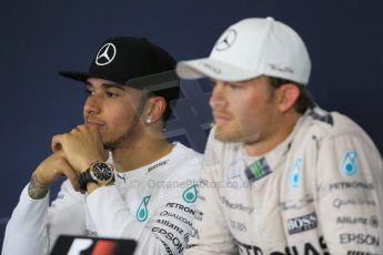 World © Octane Photographic Ltd. Mercedes AMG Petronas F1 W06 Hybrid – Nico Rosberg (1st), Lewis Hamilton (2nd). Sunday 10th May 2015, F1 Spanish GP Formula 1 Post-Race press conference, Circuit de Barcelona-Catalunya, Spain. Digital Ref: 1267LB1D1257