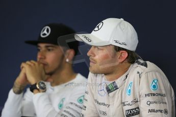 World © Octane Photographic Ltd. Mercedes AMG Petronas F1 W06 Hybrid – Nico Rosberg (1st), Lewis Hamilton (2nd). Sunday 10th May 2015, F1 Spanish GP Formula 1 Post-Race press conference, Circuit de Barcelona-Catalunya, Spain. Digital Ref: 1267LB1D1265