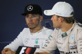 World © Octane Photographic Ltd. Mercedes AMG Petronas F1 W06 Hybrid – Nico Rosberg (1st), Lewis Hamilton (2nd). Sunday 10th May 2015, F1 Spanish GP Formula 1 Post-Race press conference, Circuit de Barcelona-Catalunya, Spain. Digital Ref: 1267LB1D1280