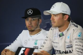 World © Octane Photographic Ltd. Mercedes AMG Petronas F1 W06 Hybrid – Nico Rosberg (1st), Lewis Hamilton (2nd). Sunday 10th May 2015, F1 Spanish GP Formula 1 Post-Race press conference, Circuit de Barcelona-Catalunya, Spain. Digital Ref: 1267LB1D1283