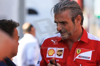 World © Octane Photographic Ltd. Jean Alesi and Scuderia Ferrari Team Principle – Maurizio Arrivabene. Saturday 9th May 2015, F1 Spanish GP Formula 1 Paddock, Circuit de Barcelona-Catalunya, Spain. Digital Ref: 1260CB7D7386