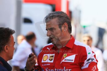 World © Octane Photographic Ltd. Jean Alesi and Scuderia Ferrari Team Principle – Maurizio Arrivabene. Saturday 9th May 2015, F1 Spanish GP Formula 1 Paddock, Circuit de Barcelona-Catalunya, Spain. Digital Ref: 1260CB7D7389