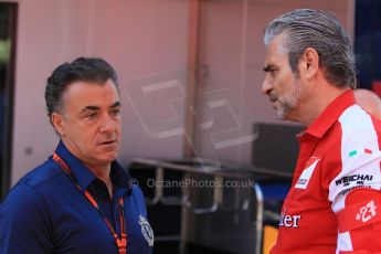 World © Octane Photographic Ltd. Jean Alesi and Scuderia Ferrari Team Principle – Maurizio Arrivabene. Saturday 9th May 2015, F1 Spanish GP Formula 1 Paddock, Circuit de Barcelona-Catalunya, Spain. Digital Ref: 1260CB7D7393