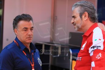 World © Octane Photographic Ltd. Jean Alesi and Scuderia Ferrari Team Principle – Maurizio Arrivabene. Saturday 9th May 2015, F1 Spanish GP Formula 1 Paddock, Circuit de Barcelona-Catalunya, Spain. Digital Ref: 1260CB7D7396