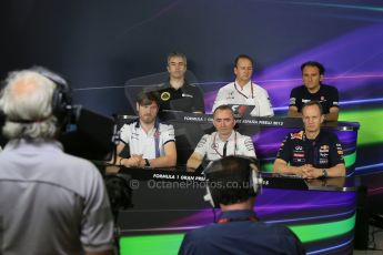 World © Octane Photographic Ltd. Nick Chester – Lotus F1 Team - Technical Director, Jonathan Neale - McLaren Honda Managing Director, Giampaolo Dall'Ara, Sauber F1 Team Head of Track Engineering, Rob Smedley – Williams - Head of Vehicle Performance, Paddy Lowe - Executive Director of Mercedes Formula One and Paul Monaghan, Red Bull Racing Chief Engineer. Friday 8th May 2015, F1 Spanish GP. Team Press Conference, Circuit de Barcelona-Catalunya, Spain. Digital Ref: 1254LB1D7449
