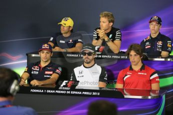 World © Octane Photographic Ltd. Mercedes AMG Petronas – Nico Rosberg, Infiniti Red Bull Racing – Daniil Kvyat, McLaren Honda – Fernando Alonso, Manor Marussia F1 Team – Roberto Merhi, Sauber F1 Team – Felipe Nasr and Scuderia Toro Rosso – Carlos Sainz Jnr. Thursday 7th May 2015, F1 Spanish GP – Driver Press Conference, Circuit de Barcelona-Catalunya, Spain. Digital Ref: 1245LB5D0455