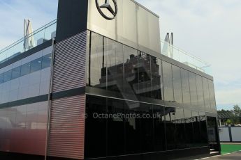 World © Octane Photographic Ltd. Mercedes AMG Petronas Motorhome. Thursday 7th May 2015, F1 Spanish GP Paddock, Circuit de Barcelona-Catalunya, Spain. Digital Ref: 1244CB1L5788