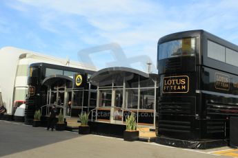 World © Octane Photographic Ltd. Lotus F1 Team Motorhome. Thursday 7th May 2015, F1 Spanish GP Paddock, Circuit de Barcelona-Catalunya, Spain. Digital Ref: 1244CB1L5802