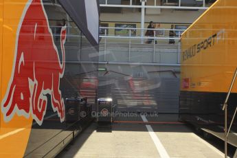 World © Octane Photographic Ltd. Infiniti Red Bull Racing and Renault transporters. Thursday 7th May 2015, F1 Spanish GP Paddock, Circuit de Barcelona-Catalunya, Spain. Digital Ref: 1244CB1L5854