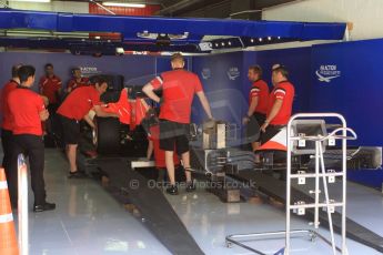 World © Octane Photographic Ltd. Manor Marussia F1 Team in sctrutineering. Thursday 7th May 2015, F1 Spanish GP Pitlane, Circuit de Barcelona-Catalunya, Spain. Digital Ref: 1244CB1L5878