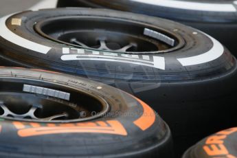 World © Octane Photographic Ltd. Pirelli tyre choices on Williams wheels. Thursday 7th May 2015, F1 Spanish GP Paddock, Circuit de Barcelona-Catalunya, Spain. Digital Ref: 1244CB7D1212