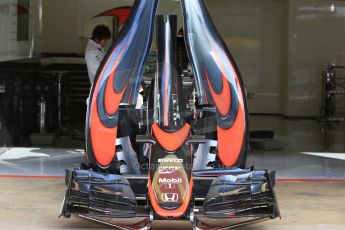 World © Octane Photographic Ltd. McLaren Honda MP4/30 in new graphite livery. Thursday 7th May 2015, F1 Spanish GP Pitlane, Circuit de Barcelona-Catalunya, Spain. Digital Ref: 1244CB7D1226