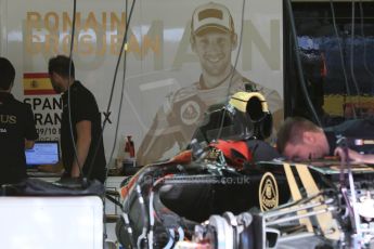 World © Octane Photographic Ltd. Lotus F1 Team E23 Hybrid – Romain Grosjean. Thursday 7th May 2015, F1 Spanish GP Pitlane, Circuit de Barcelona-Catalunya, Spain. Digital Ref: 1244CB7D1393