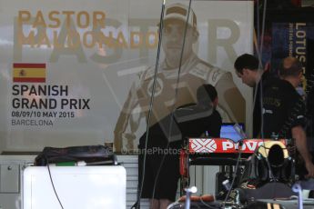 World © Octane Photographic Ltd. Lotus F1 Team E23 Hybrid – Pastor Maldonado. Thursday 7th May 2015, F1 Spanish GP Pitlane, Circuit de Barcelona-Catalunya, Spain. Digital Ref: 1244CB7D1396