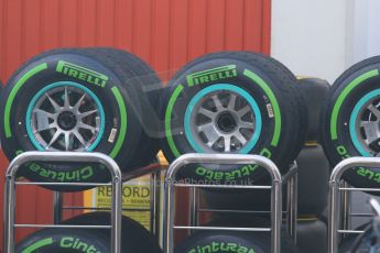 World © Octane Photographic Ltd. Mercedes AMG Petronas F1 W06 Hybrid wheels and tyres. Thursday 7th May 2015, F1 Spanish GP Paddock, Circuit de Barcelona-Catalunya, Spain. Digital Ref: 1244CB7D1476