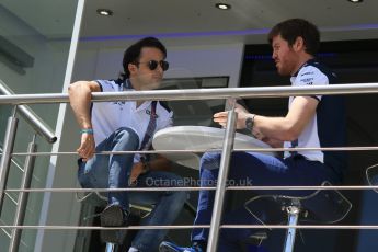 World © Octane Photographic Ltd. Williams Martini Racing FW37 – Felipe Massa and Rob Smedley. Thursday 7th May 2015, F1 Spanish GP Paddock, Circuit de Barcelona-Catalunya, Spain. Digital Ref: 1244CB7D1629