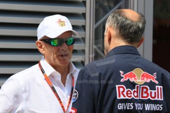 World © Octane Photographic Ltd. Scuderia Toro Rosso – Franz Tost and Peter Winsdor. Thursday 7th May 2015, F1 Spanish GP Paddock, Circuit de Barcelona-Catalunya, Spain. Digital Ref: 1244CB7D1717