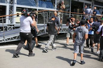 World © Octane Photographic Ltd. Mercedes AMG Petronas F1 W06 Hybrid – Lewis Hamilton enters with the paddock with his brother Nic Hamilton. Thursday 7th May 2015, F1 Spanish GP Paddock, Circuit de Barcelona-Catalunya, Spain. Digital Ref: 1244LB5D0443