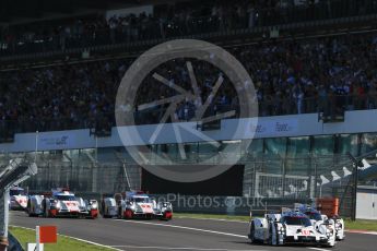 World © Octane Photographic Ltd. FIA World Endurance Championship (WEC), 6 Hours of Nurburgring , Germany - Race, Sunday 30th August 2015. The Porsche Team – Porsche 919 Hybrids - LM LMP1 of Romain Dumas, Neel Jani and Marc Lieb and Timo Bernhard, Mark Webber and Brendon Hartley ahead of the Audi Sport Team Joest- Audi R18 e-tron Quatrros of Andre Lotterer, Benoit Treluyer and Marcel Fassler and Oliver Jarvis, Lucas di Grassi and Loic Duval. Digital Ref : 1398LB1D6302