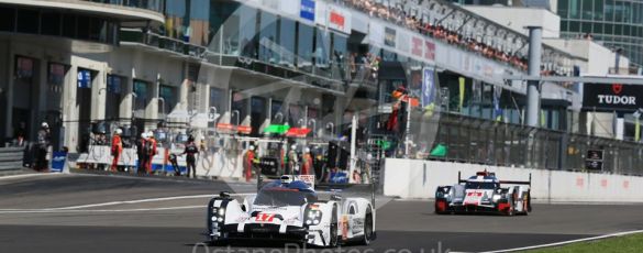 World © Octane Photographic Ltd. FIA World Endurance Championship (WEC), 6 Hours of Nurburgring , Germany - Race, Sunday 30th August 2015. Porsche Team – Porsche 919 Hybrid - LMP1 - Timo Bernhard, Mark Webber and Brendon Hartley and Audi Sport Team Joest- Audi R18 e-tron Quatrro - LMP1 - Oliver Jarvis, Lucas di Grassi and Loic Duval. Digital Ref : 1398LB1D7018