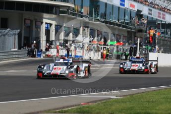 World © Octane Photographic Ltd. FIA World Endurance Championship (WEC), 6 Hours of Nurburgring , Germany - Race, Sunday 30th August 2015. Audi Sport Team Joest- Audi R18 e-tron Quatrro - LMP1 - Oliver Jarvis, Lucas di Grassi and Loic Duval ahead of the sister car of Andre Lotterer, Benoit Treluyer and Marcel Fassler. Digital Ref : 1398LB1D7132