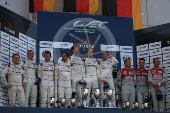 World © Octane Photographic Ltd. FIA World Endurance Championship (WEC), 6 Hours of Nurburgring , Germany – Race podium, Sunday 30th August 2015. Porsche Team – Porsche 919 Hybrid - LMP1 - Timo Bernhard, Mark Webber and Brendon Hartley (1st), Romain Dumas, Neel Jani and Marc Lieb (2nd) and Audi Sport Team Joest- Audi R18 e-tron Quatrro - LMP1 - Oliver Jarvis, Lucas di Grassi and Loic Duval (3rd). Digital Ref : 1399LB5D2238