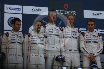 World © Octane Photographic Ltd. FIA World Endurance Championship (WEC), 6 Hours of Nurburgring , Germany – Race podium, Sunday 30th August 2015. Porsche Team – Porsche 919 Hybrid - LMP1 - Timo Bernhard, Mark Webber and Brendon Hartley (1st), Romain Dumas, Neel Jani and Marc Lieb (2nd) and Audi Sport Team Joest- Audi R18 e-tron Quatrro - LMP1 - Oliver Jarvis, Lucas di Grassi and Loic Duval (3rd). Digital Ref : 1399LB5D2246