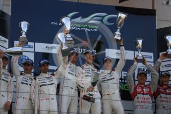 World © Octane Photographic Ltd. FIA World Endurance Championship (WEC), 6 Hours of Nurburgring , Germany – Race podium, Sunday 30th August 2015. Porsche Team – Porsche 919 Hybrid - LMP1 - Timo Bernhard, Mark Webber and Brendon Hartley (1st), Romain Dumas, Neel Jani and Marc Lieb (2nd) and Audi Sport Team Joest- Audi R18 e-tron Quatrro - LMP1 - Oliver Jarvis, Lucas di Grassi and Loic Duval (3rd). Digital Ref : 1399LB5D2269