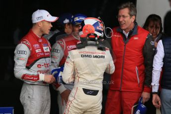 World © Octane Photographic Ltd. FIA World Endurance Championship (WEC), 6 Hours of Silverstone Race - Podium, UK, Sunday 12th April 2015. 1st Place, Audi R18 e-tron quattro - Marcel FASSLER, Andre LOTTERER, Benoît TRELUYER. 2nd Place, Porsche 919 Hybrid - Romain DUMAS, Neel JANI, Marc LIEB 3rd Place, Anthony DAVIDSON, Sebastien BUEMI, Kazuki NAKAJIMA. Digital Ref : 1227LB1D9688