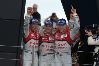 World © Octane Photographic Ltd. FIA World Endurance Championship (WEC), 6 Hours of Silverstone Race - Podium, UK, Sunday 12th April 2015. 1st Place, Audi R18 e-tron quattro - Marcel FASSLER, Andre LOTTERER, Benoit TRELUYER. Digital Ref : 1227LB1D9755