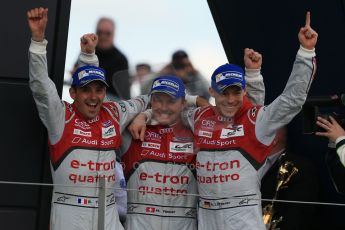 World © Octane Photographic Ltd. FIA World Endurance Championship (WEC), 6 Hours of Silverstone Race - Podium, UK, Sunday 12th April 2015. 1st Place, Audi R18 e-tron quattro - Marcel FASSLER, Andre LOTTERER, Benoit TRELUYER. Digital Ref : 1227LB1D9758