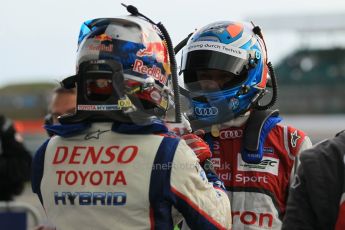 World © Octane Photographic Ltd. FIA World Endurance Championship (WEC), 6 Hours of Silverstone Race - Podium, UK, Sunday 12th April 2015. 1st Place, Audi R18 e-tron quattro - Marcel FASSLER, 3rd Place, Toyota TS040 Hybrid, Sebastien BUEMI. Digital Ref : 1227LW1L1941