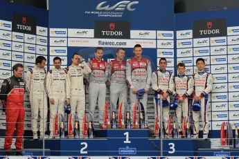 World © Octane Photographic Ltd. FIA World Endurance Championship (WEC), 6 Hours of Silverstone Race - Podium, UK, Sunday 12th April 2015. 1st Place, Audi R18 e-tron quattro - Marcel FASSLER, Andre LOTTERER, Benoît TRELUYER. 2nd Place, Porsche 919 Hybrid - Romain DUMAS, Neel JANI, Marc LIEB 3rd Place, Toyota TS040 Hybrid, Anthony DAVIDSON, Sebastien BUEMI, Kazuki NAKAJIMA. Digital Ref : 1227LW1L1974