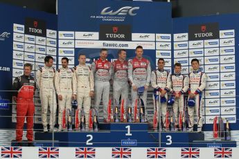 World © Octane Photographic Ltd. FIA World Endurance Championship (WEC), 6 Hours of Silverstone Race - Podium, UK, Sunday 12th April 2015. 1st Place, Audi R18 e-tron quattro - Marcel FASSLER, Andre LOTTERER, Benoit TRELUYER. 2nd Place, Porsche 919 Hybrid - Romain DUMAS, Neel JANI, Marc LIEB 3rd Place, Toyota TS040 Hybrid, Anthony DAVIDSON, Sebastien BUEMI, Kazuki NAKAJIMA. Digital Ref : 1227LW1L1977