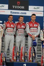 World © Octane Photographic Ltd. FIA World Endurance Championship (WEC), 6 Hours of Silverstone Race - Podium, UK, Sunday 12th April 2015. 3rd Place, Anthony DAVIDSON, Sebastien BUEMI, Kazuki NAKAJIMA. Digital Ref : 1227LW1L1984