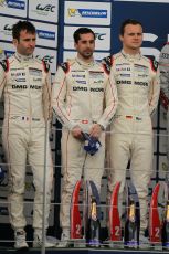 World © Octane Photographic Ltd. FIA World Endurance Championship (WEC), 6 Hours of Silverstone Race - Podium, UK, Sunday 12th April 2015. 2nd Place, Porsche 919 Hybrid - Romain DUMAS, Neel JANI, Marc LIEB. Digital Ref : 1227LW1L1986