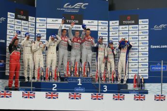 World © Octane Photographic Ltd. FIA World Endurance Championship (WEC), 6 Hours of Silverstone Race - Podium, UK, Sunday 12th April 2015. 1st Place, Audi R18 e-tron quattro - Marcel FASSLER, Andre LOTTERER, Benoit TRELUYER. 2nd Place, Porsche 919 Hybrid - Romain DUMAS, Neel JANI, Marc LIEB 3rd Place, Toyota TS040 Hybrid, Anthony DAVIDSON, Sebastien BUEMI, Kazuki NAKAJIMA. Digital Ref : 1227LW1L2003
