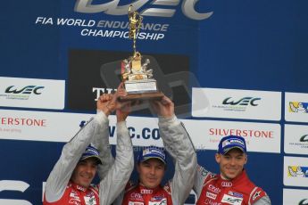 World © Octane Photographic Ltd. FIA World Endurance Championship (WEC), 6 Hours of Silverstone Race - Podium, UK, Sunday 12th April 2015. 1st Place, Audi R18 e-tron quattro - Marcel FASSLER, Andre LOTTERER, Benoit TRELUYER. Digital Ref : 1227LW1L2003