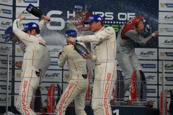 World © Octane Photographic Ltd. FIA World Endurance Championship (WEC), 6 Hours of Silverstone Race - Podium, UK, Sunday 12th April 2015. 1st Place, Audi R18 e-tron quattro - Marcel FASSLER, Andre LOTTERER, Benoit TRELUYER. 2nd Place, Porsche 919 Hybrid - Romain DUMAS, Neel JANI, Marc LIEB 3rd Place, Toyota TS040 Hybrid, Anthony DAVIDSON, Sebastien BUEMI, Kazuki NAKAJIMA. Digital Ref : 1227LW1L2034