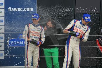 World © Octane Photographic Ltd. FIA World Endurance Championship (WEC), 6 Hours of Silverstone Race - Podium, UK, Sunday 12th April 2015. 1st Place, Audi R18 e-tron quattro - Marcel FASSLER, Andre LOTTERER, Benoît TRELUYER. 2nd Place, Porsche 919 Hybrid - Romain DUMAS, Neel JANI, Marc LIEB 3rd Place, Toyota TS040 Hybrid, Anthony DAVIDSON, Sebastien BUEMI, Kazuki NAKAJIMA. Digital Ref : 1227LW1L2051