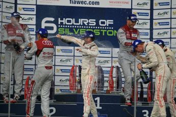 World © Octane Photographic Ltd. FIA World Endurance Championship (WEC), 6 Hours of Silverstone Race - Podium, UK, Sunday 12th April 2015. 1st Place, Audi R18 e-tron quattro - Marcel FASSLER, Andre LOTTERER, Benoît TRELUYER. 2nd Place, Porsche 919 Hybrid - Romain DUMAS, Neel JANI, Marc LIEB 3rd Place, Toyota TS040 Hybrid, Anthony DAVIDSON, Sebastien BUEMI, Kazuki NAKAJIMA. Digital Ref : 1227LW1L2058