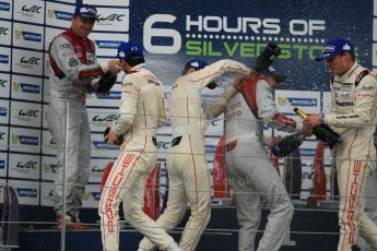 World © Octane Photographic Ltd. FIA World Endurance Championship (WEC), 6 Hours of Silverstone Race - Podium, UK, Sunday 12th April 2015. 1st Place, Audi R18 e-tron quattro - Marcel FASSLER, Andre LOTTERER, Benoit TRELUYER. 2nd Place, Porsche 919 Hybrid - Romain DUMAS, Neel JANI, Marc LIEB 3rd Place, Toyota TS040 Hybrid, Anthony DAVIDSON, Sebastien BUEMI, Kazuki NAKAJIMA. Digital Ref : 1227LW1L2067