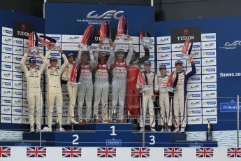 World © Octane Photographic Ltd. FIA World Endurance Championship (WEC), 6 Hours of Silverstone Race - Podium, UK, Sunday 12th April 2015. 1st Place, Audi R18 e-tron quattro - Marcel FASSLER, Andre LOTTERER, Benoit TRELUYER. 2nd Place, Porsche 919 Hybrid - Romain DUMAS, Neel JANI, Marc LIEB 3rd Place, Toyota TS040 Hybrid, Anthony DAVIDSON, Sebastien BUEMI, Kazuki NAKAJIMA. Digital Ref : 1227LW1L2086