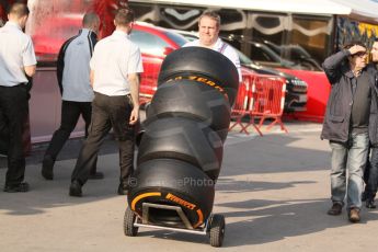 World © Octane Photographic Ltd. Williams Martini Racing mechanic with Pirelli hard compound tyres. Thursday 19th February 2015, F1 Winter testing, Circuit de Catalunya, Barcelona, Spain, Day 1. Digital Ref: