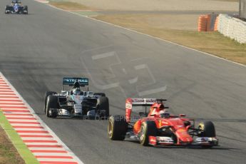 World © Octane Photographic Ltd. Scuderia Ferrari SF15-T – Kimi Raikkonen and Mercedes AMG Petronas F1 W06 Hybrid – Nico Rosberg. Friday 20th February 2015, F1 Winter testing, Circuit de Barcelona Catalunya, Spain, Day 2. Digital Ref : 1188CB1L6327