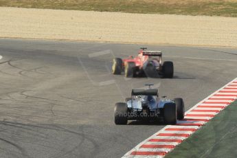 World © Octane Photographic Ltd. Scuderia Ferrari SF15-T – Kimi Raikkonen and Mercedes AMG Petronas F1 W06 Hybrid – Nico Rosberg. Friday 20th February 2015, F1 Winter testing, Circuit de Barcelona Catalunya, Spain, Day 2. Digital Ref : 1188CB1L6337